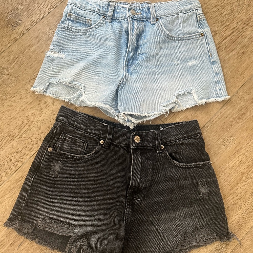 Zara Blue and Black Distressed Denim Shorts
